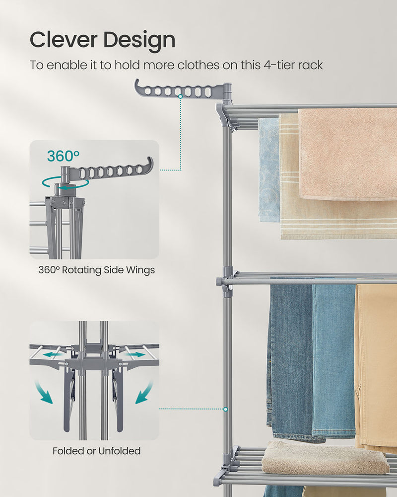 Large Foldable 4 Tier Clothes Airer with Wheels in Dove Grey for Indoor Drying by Songmics