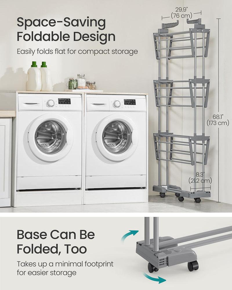 Large Foldable 4 Tier Clothes Airer with Wheels in Dove Grey for Indoor Drying by Songmics