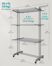 Large Foldable 4 Tier Clothes Airer with Wheels in Dove Grey for Indoor Drying by Songmics
