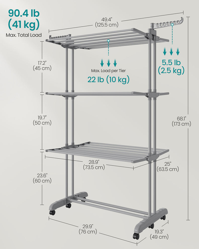 Large Foldable 4 Tier Clothes Airer with Wheels in Dove Grey for Indoor Drying by Songmics