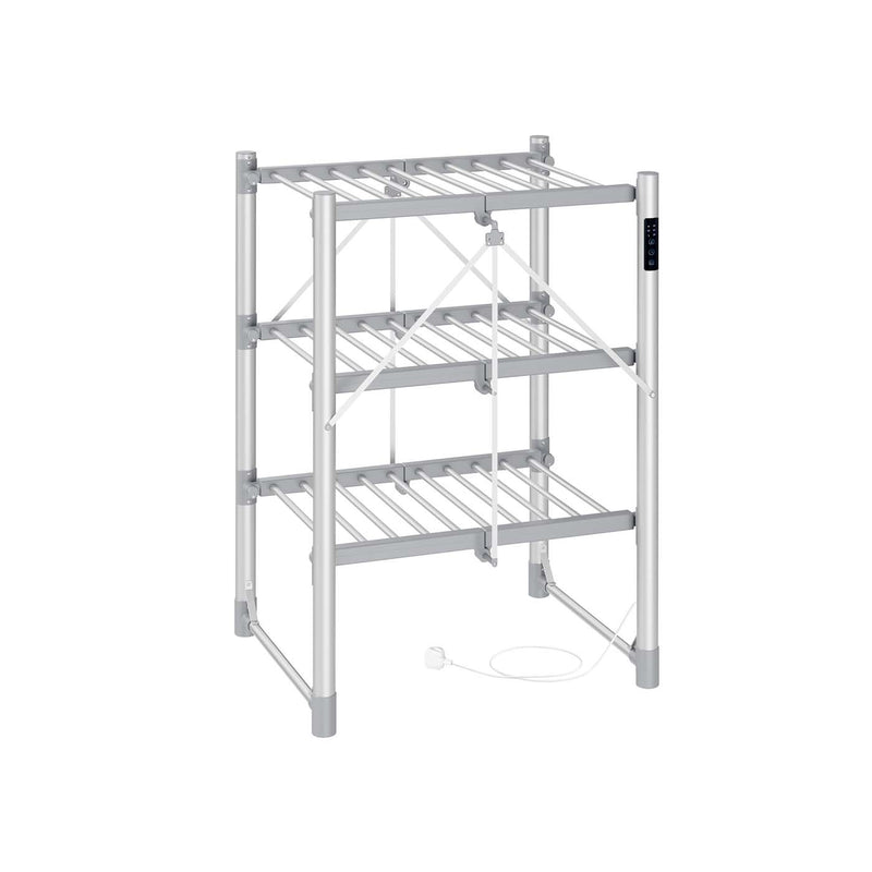 Songmics 3-tier heated clothes airer in silver, angled studio shot with control panel