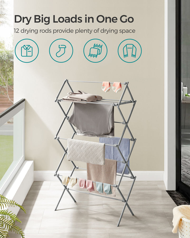 Foldable Clothes Airer in Dove Grey 3 Tier Indoor Laundry Drying Rack by Songmics