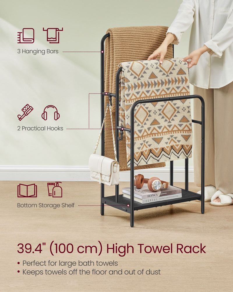 Freestanding 3 Bar Towel Rail with Double Hooks for Bathroom Storage by Songmics