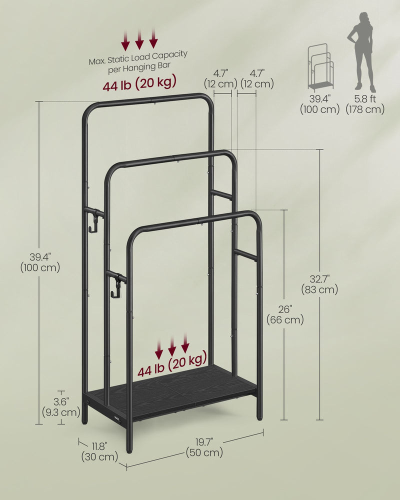 Freestanding 3 Bar Towel Rail with Double Hooks for Bathroom Storage by Songmics