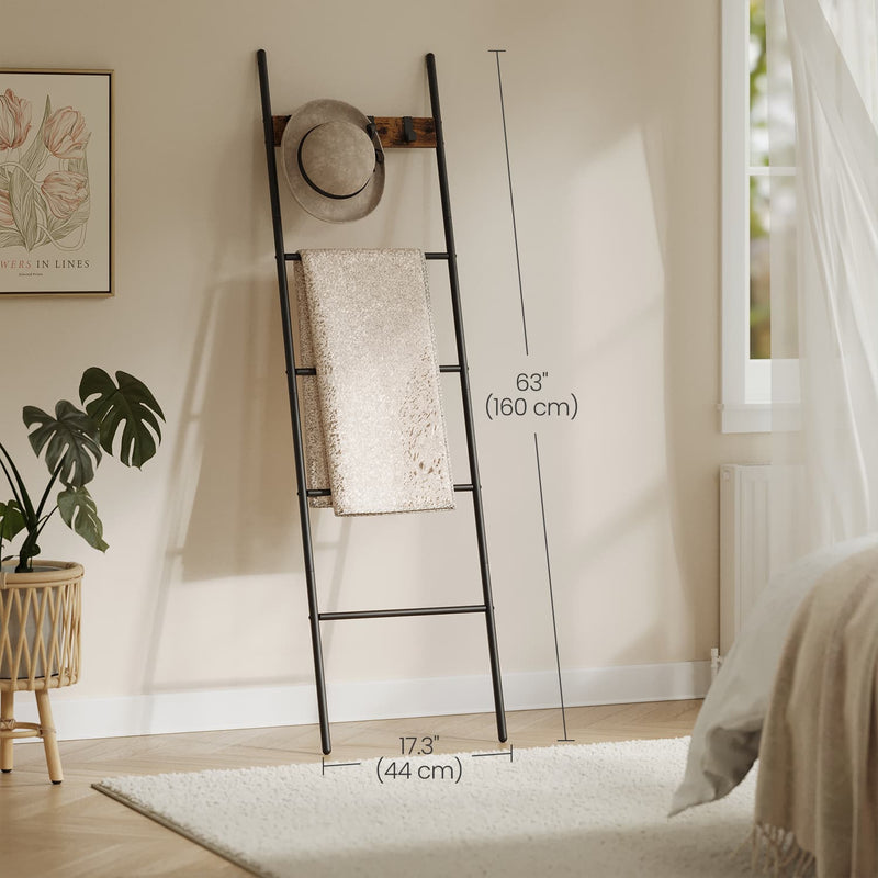 5 Tier Decorative Blanket Ladder Shelf with Metal Frame and Removable Hooks by Vasagle