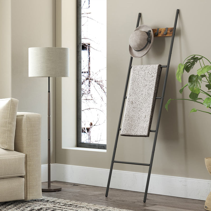 5 Tier Decorative Blanket Ladder Shelf with Metal Frame and Removable Hooks by Vasagle