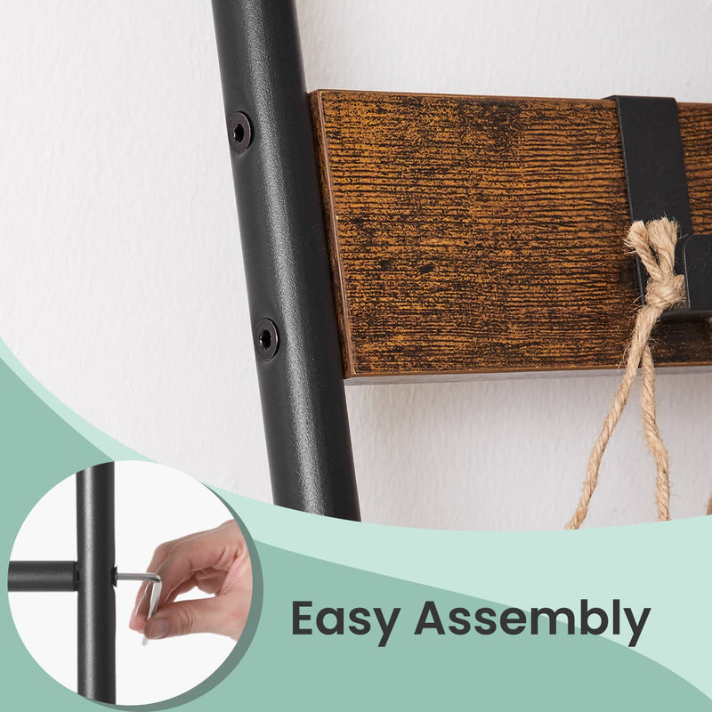 5 Tier Decorative Blanket Ladder Shelf with Metal Frame and Removable Hooks by Vasagle