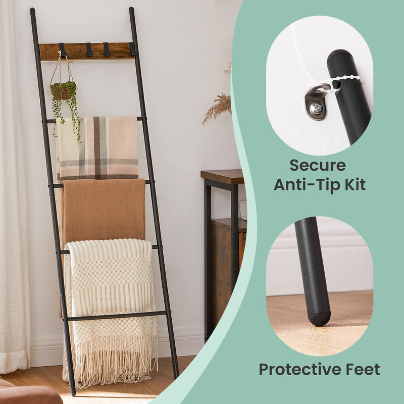 5 Tier Decorative Blanket Ladder Shelf with Metal Frame and Removable Hooks by Vasagle