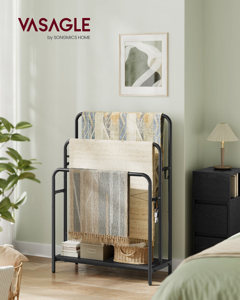 3 Bar Towel Rack with Hooks in Ink Black and Ebony for Bathroom Storage by Songmics