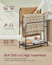 3 Bar Towel Rack with Hooks in Ink Black and Ebony for Bathroom Storage by Songmics