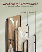 3 Bar Towel Rack with Hooks in Ink Black and Ebony for Bathroom Storage by Songmics