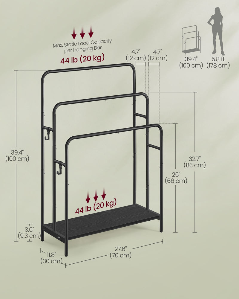 3 Bar Towel Rack with Hooks in Ink Black and Ebony for Bathroom Storage by Songmics