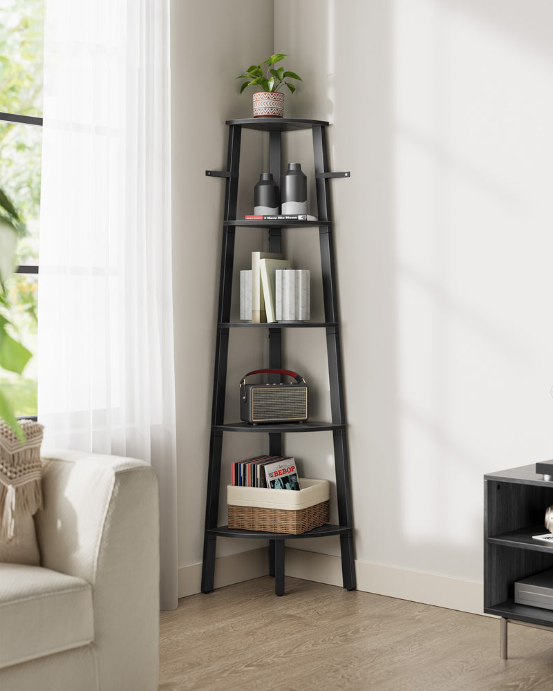 5 Tier Corner Shelf Unit in Charcoal Gray and Matte Black for Small Spaces by Vasagle