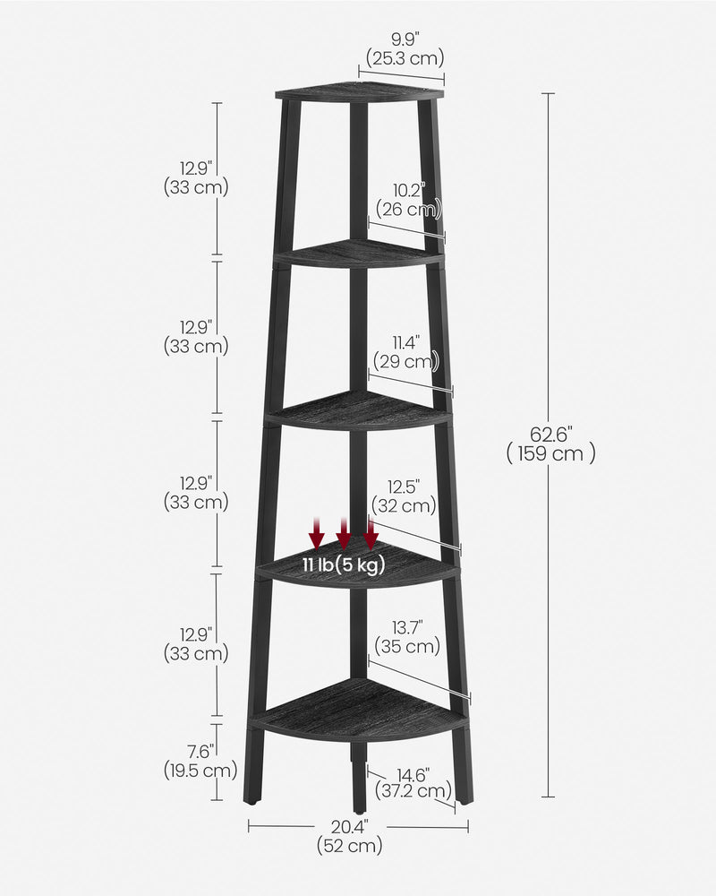 5 Tier Corner Shelf Unit in Charcoal Gray and Matte Black for Small Spaces by Vasagle