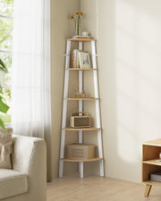 5 Tier Corner Shelf Unit in Natural Oak and White for Small Spaces and Storage by Vasagle