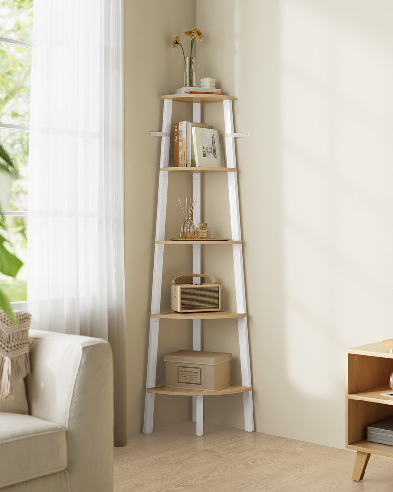 5 Tier Corner Shelf Unit in Natural Oak and White for Small Spaces and Storage by Vasagle