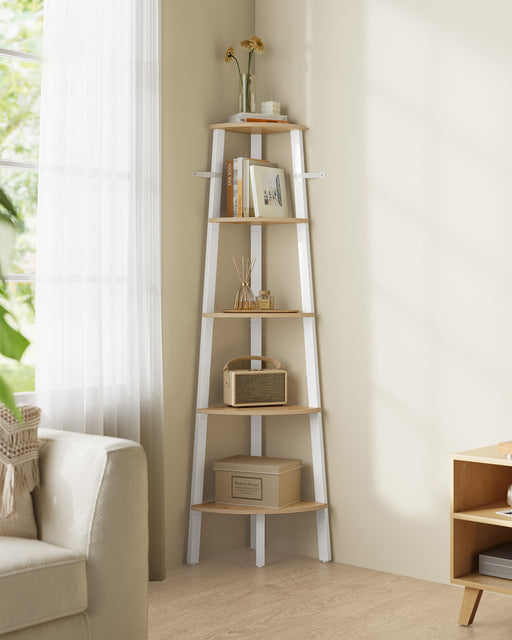 5 Tier Corner Shelf Unit in Natural Oak and White for Small Spaces and Storage by Vasagle