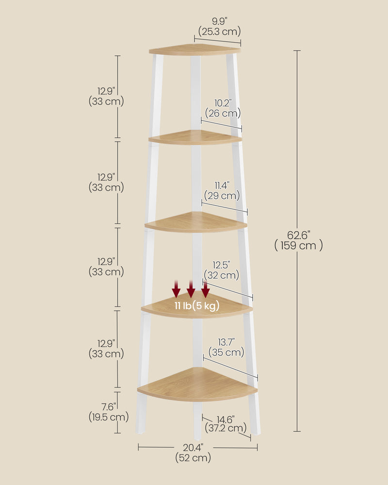 5 Tier Corner Shelf Unit in Natural Oak and White for Small Spaces and Storage by Vasagle