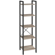Empty heather greige and ink black 5 tier bookcase shown at an angle on a white background