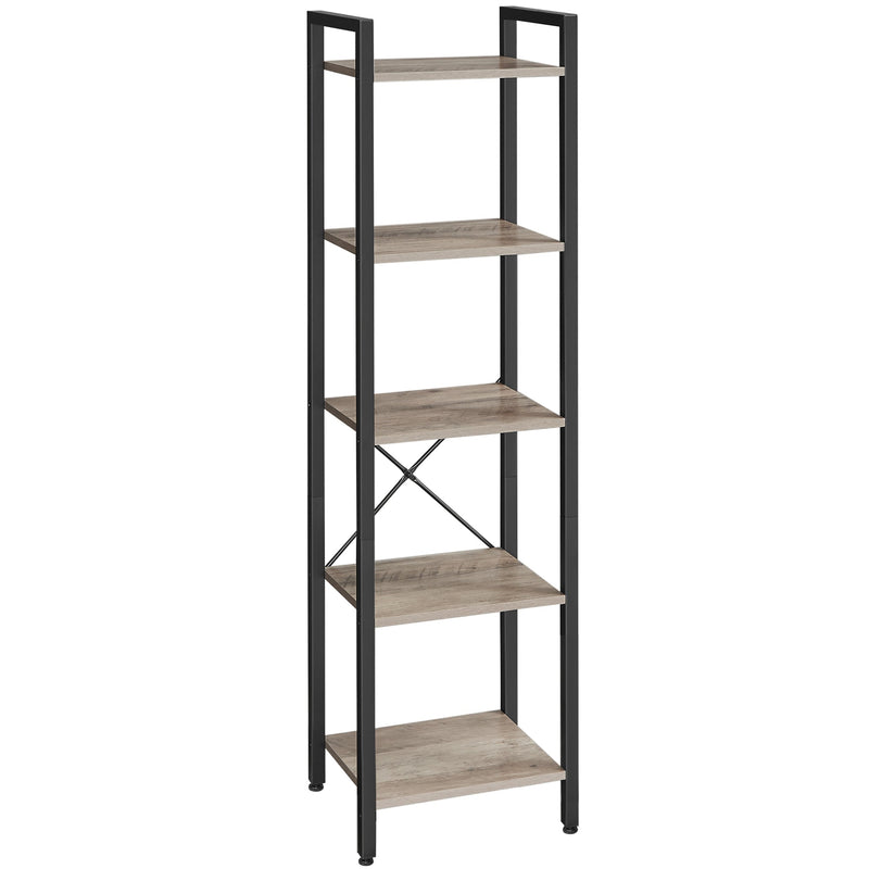Empty heather greige and ink black 5 tier bookcase shown at an angle on a white background