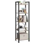 Heather greige and ink black 5 tier bookcase styled with books, a photo frame and a storage box