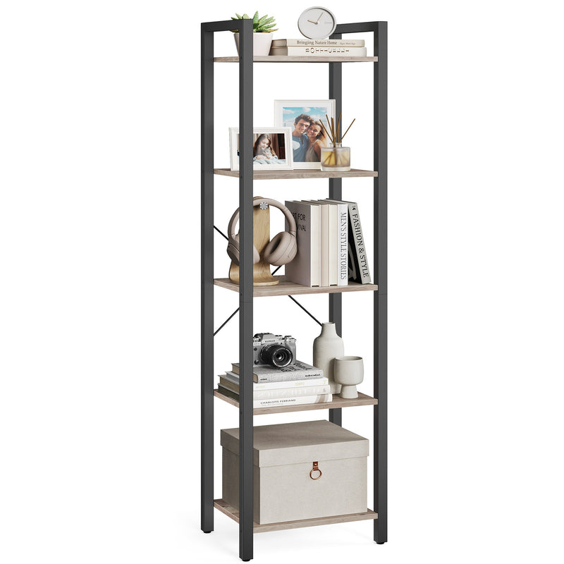 Heather greige and ink black 5 tier bookcase styled with books, a photo frame and a storage box