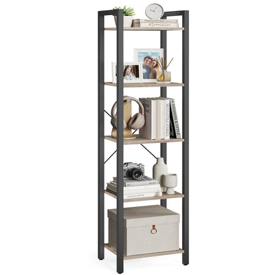 Heather greige and ink black 5 tier bookcase styled with books, a photo frame and a storage box