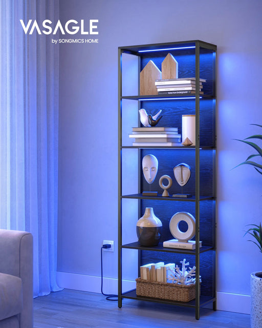 6 Tier LED Bookcase in Ebony Black with Open Shelves for Home or Office by Vasagle
