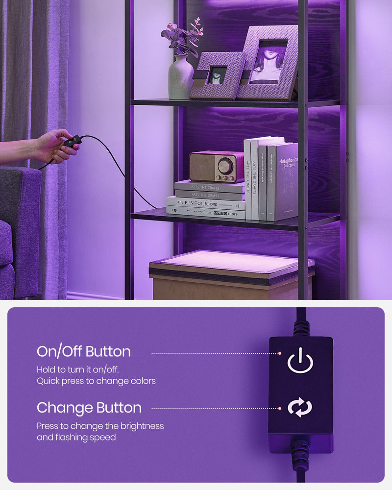 6 Tier LED Bookcase in Ebony Black with Open Shelves for Home or Office by Vasagle