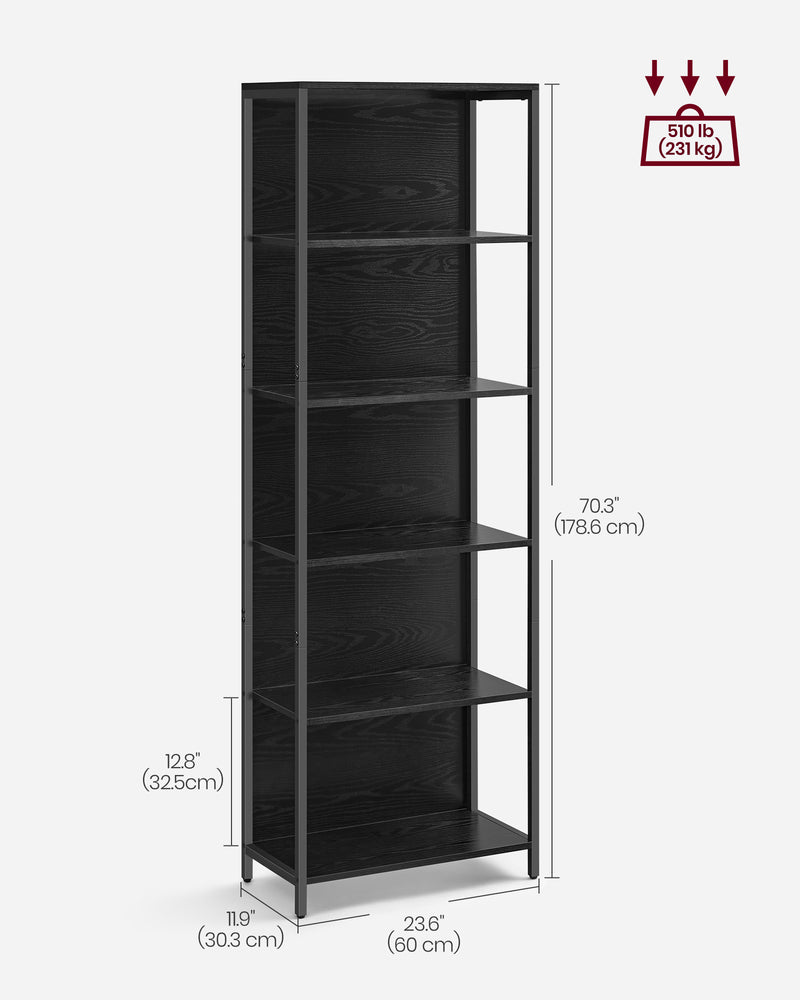 6 Tier LED Bookcase in Ebony Black with Open Shelves for Home or Office by Vasagle