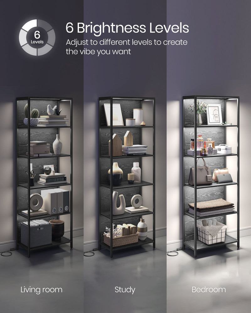 6 Tier LED Bookcase in Ebony Black with Open Shelves for Home or Office by Vasagle