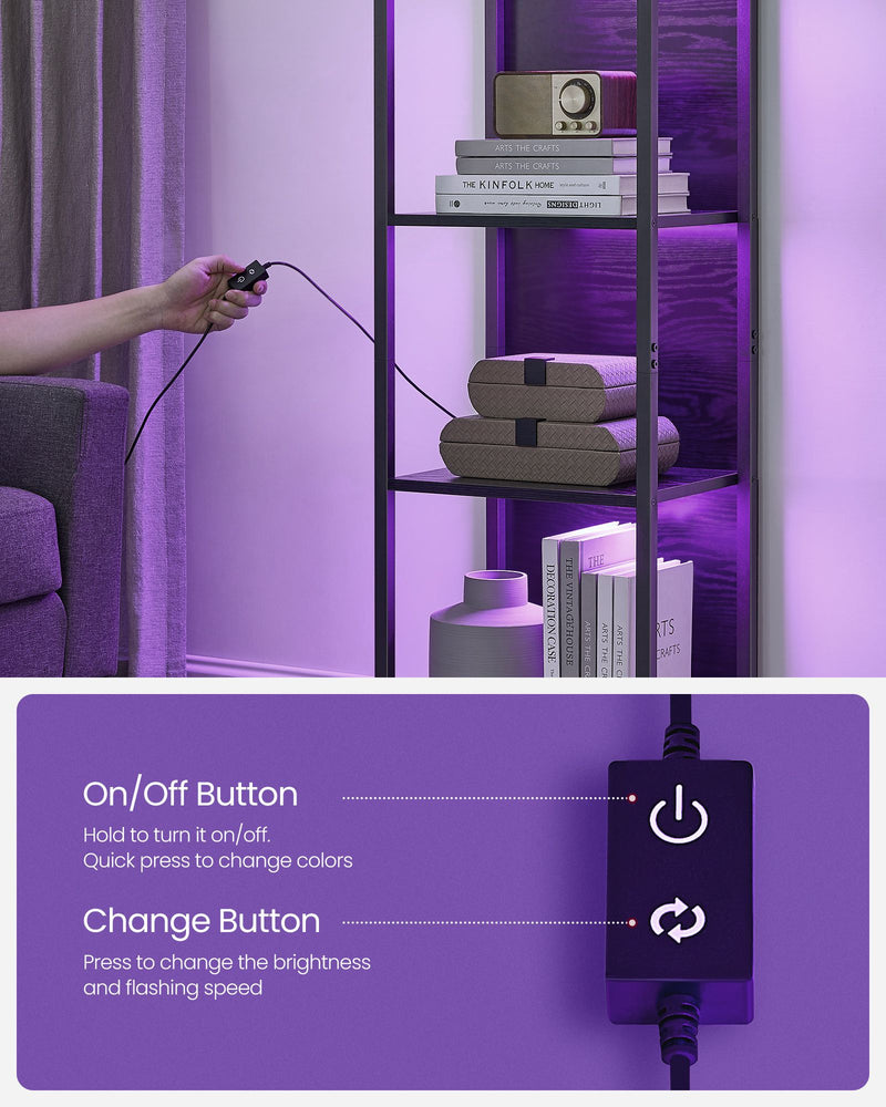 6 Tier LED Bookcase with Adjustable Shelves in Ebony Black for Home or Office by Vasagle