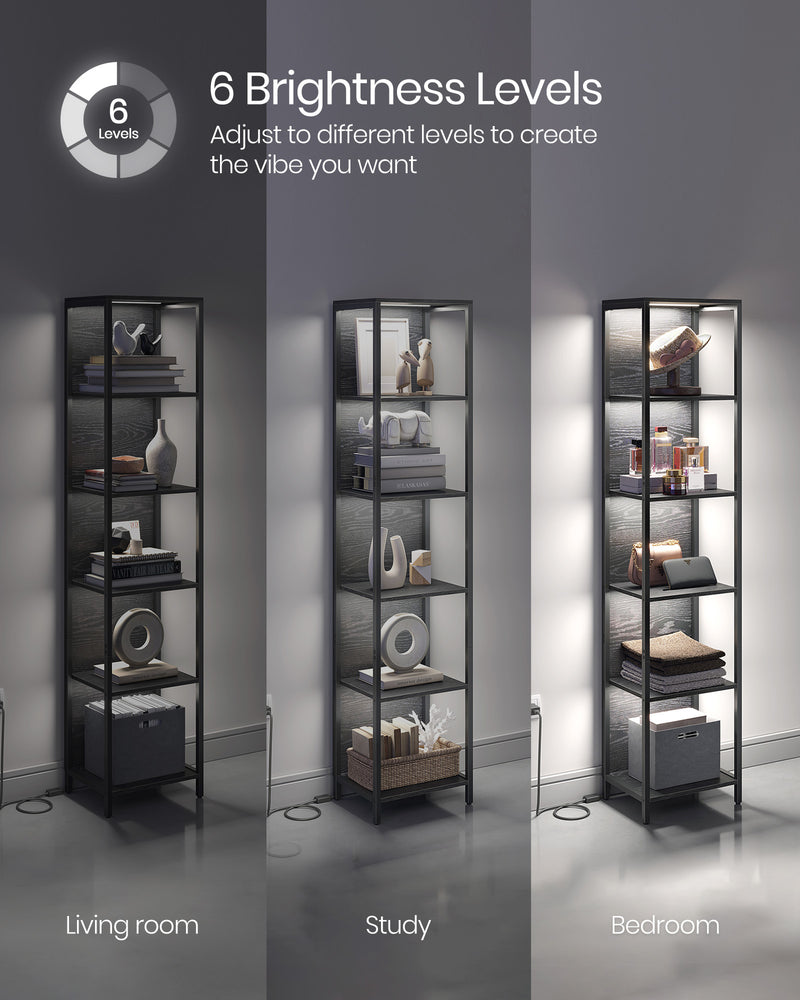 6 Tier LED Bookcase with Adjustable Shelves in Ebony Black for Home or Office by Vasagle