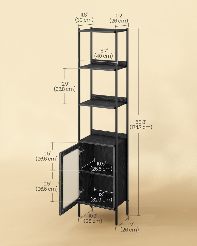 Narrow Black Bookcase With Cupboard For Small Spaces by Vasagle 40x30x175cm