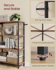 6 Tier Industrial Bookshelf Rustic Brown and Black Metal Frame Storage Shelves by Vasagle