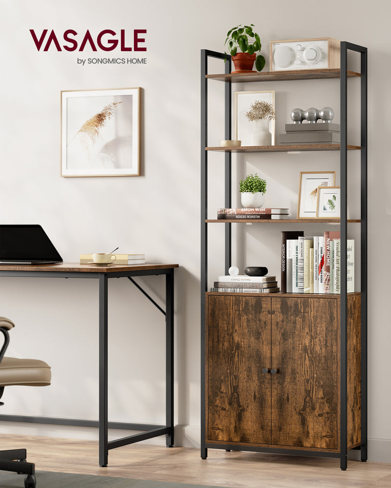 7 Tier Rustic Brown and Black Bookcase with Cabinet Door for Home Office Storage by Vasagle