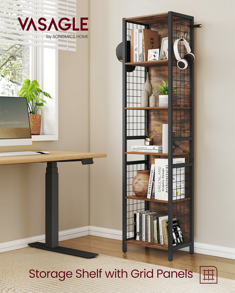 Tall Bookcase with Hooks and Open Shelves for Office or Living Room Storage by Vasagle