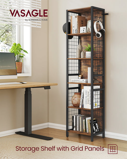 Tall Bookcase with Hooks and Open Shelves for Office or Living Room Storage by Vasagle