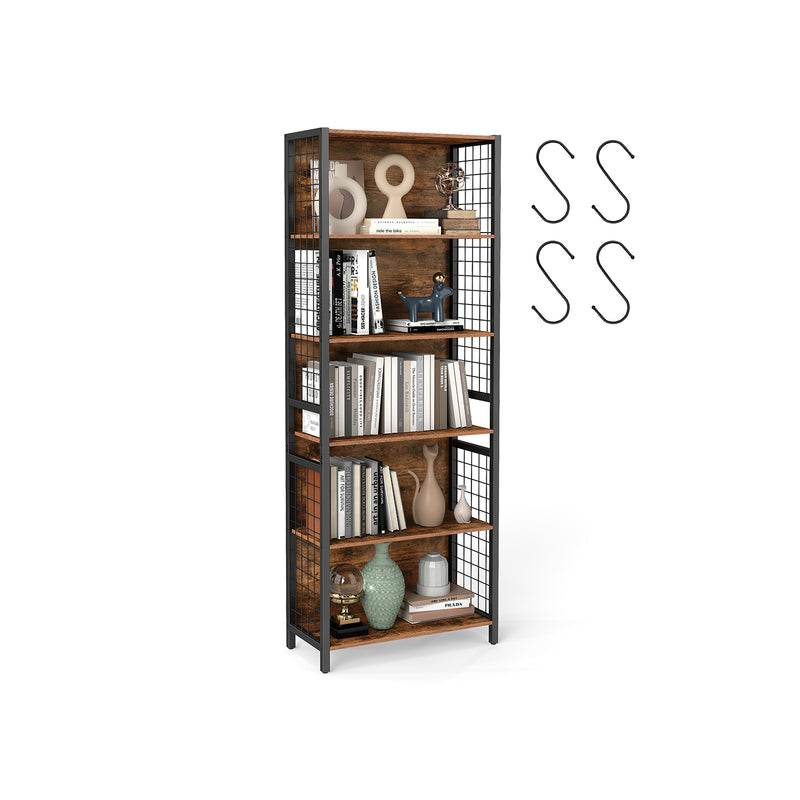 Tall Wooden Bookcase with Hooks and Multiple Storage Shelves for Home Office by Vasagle