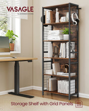 Tall Wooden Bookcase with Hooks and Multiple Storage Shelves for Home Office by Vasagle