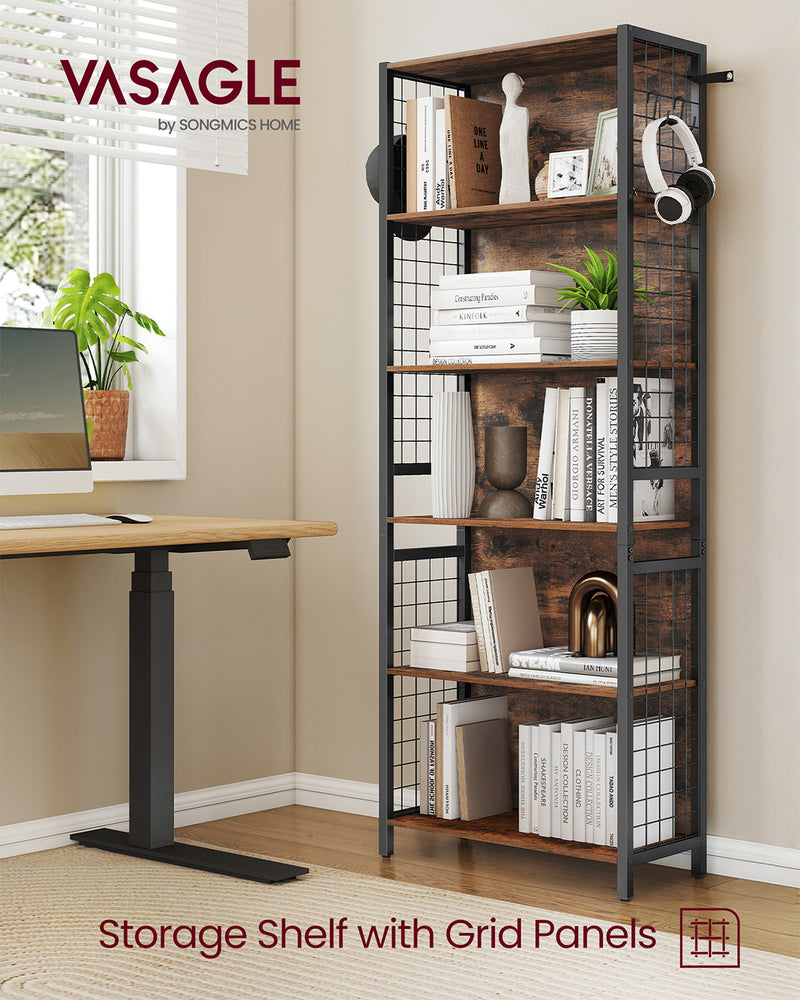 Tall Wooden Bookcase with Hooks and Multiple Storage Shelves for Home Office by Vasagle