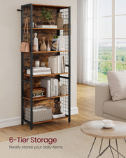 Tall Wooden Bookcase with Hooks and Multiple Storage Shelves for Home Office by Vasagle