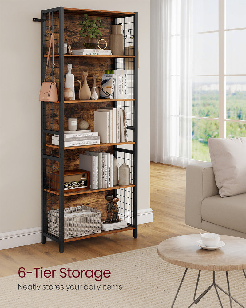Tall Wooden Bookcase with Hooks and Multiple Storage Shelves for Home Office by Vasagle