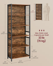 Tall Wooden Bookcase with Hooks and Multiple Storage Shelves for Home Office by Vasagle