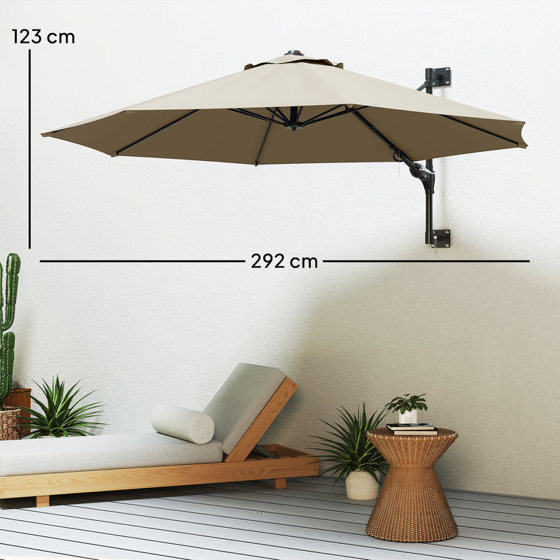 Khaki 3m Wall Mounted Garden Parasol with Easy Crank Handle Shade by Outsunny