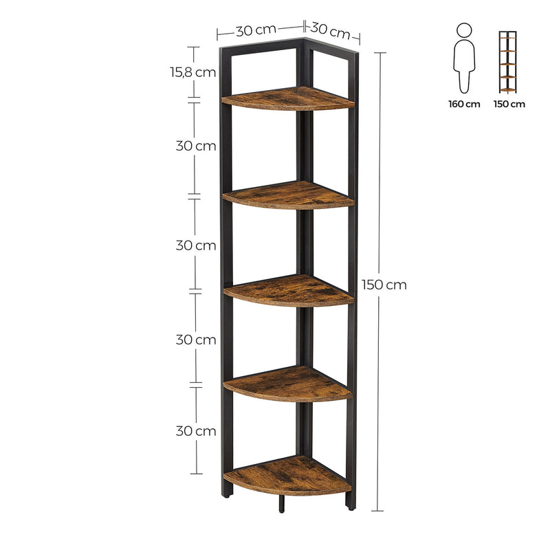 Industrial Brown 5 Tier Corner Shelf Unit for Living Room or Office by Vasagle