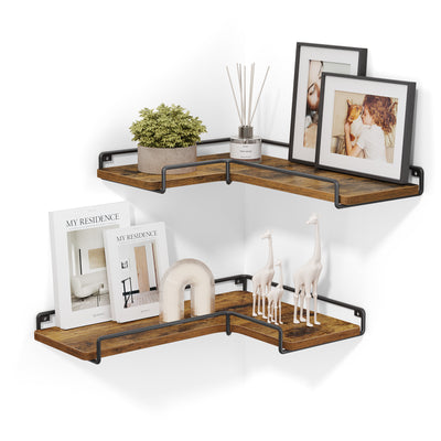 Rustic Brown L Shaped Floating Corner Shelves Set of 2 for Wall Storage by Vasagle