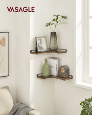 Rustic Brown L Shaped Floating Corner Shelves Set of 2 for Wall Storage by Vasagle