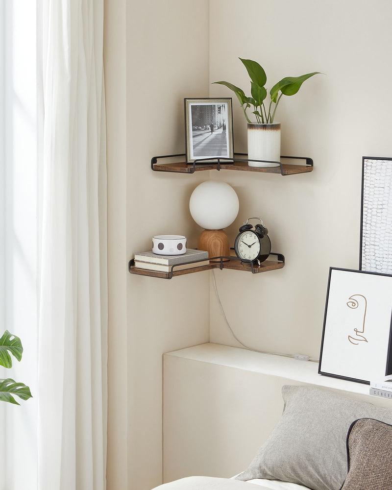 Rustic Brown L Shaped Floating Corner Shelves Set of 2 for Wall Storage by Vasagle