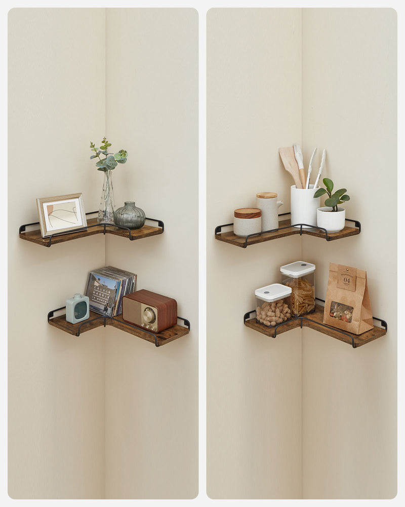 Rustic Brown L Shaped Floating Corner Shelves Set of 2 for Wall Storage by Vasagle